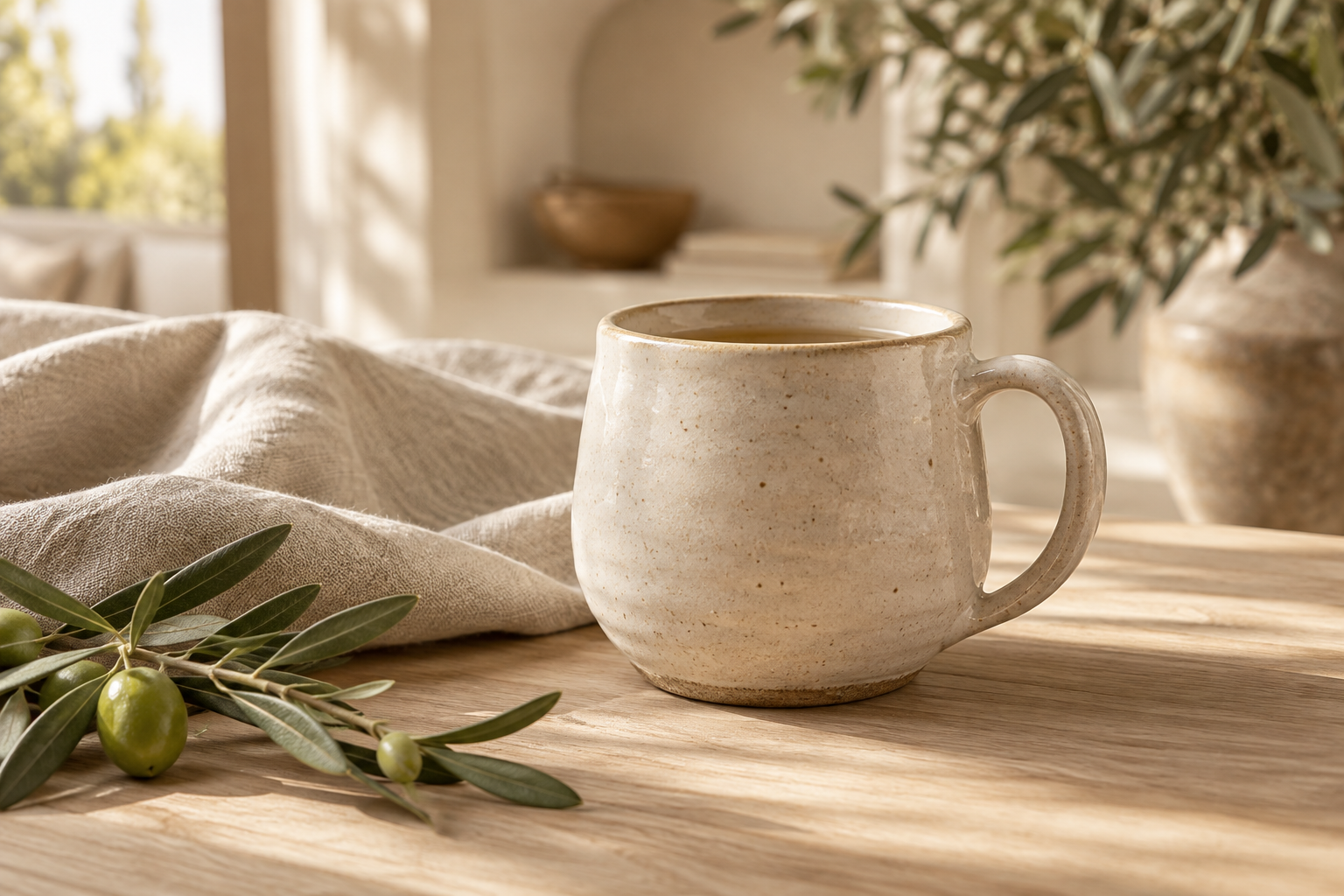 A warm cup of tea beside soft linen and olive leaves